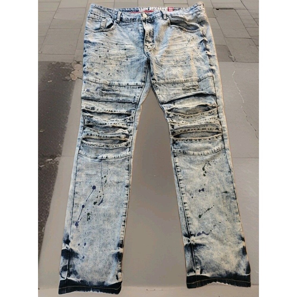 Lion Dynasty Men’s Acid Wash Moto Biker Jeans Size 38 Distressed Paint Splatter